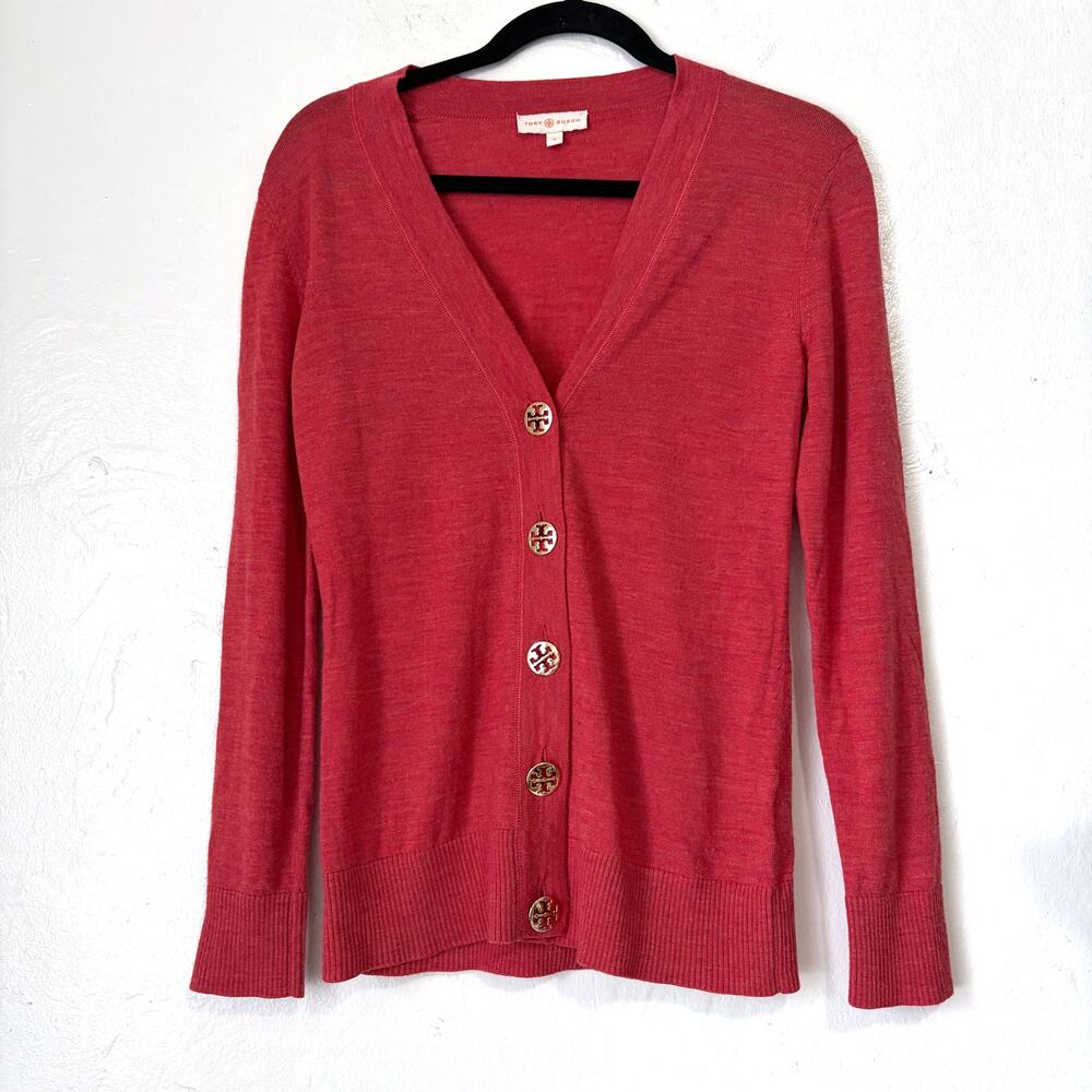 Tory Burch 100% Merino Wool Logo Button Cardigan Coral Pink Size S